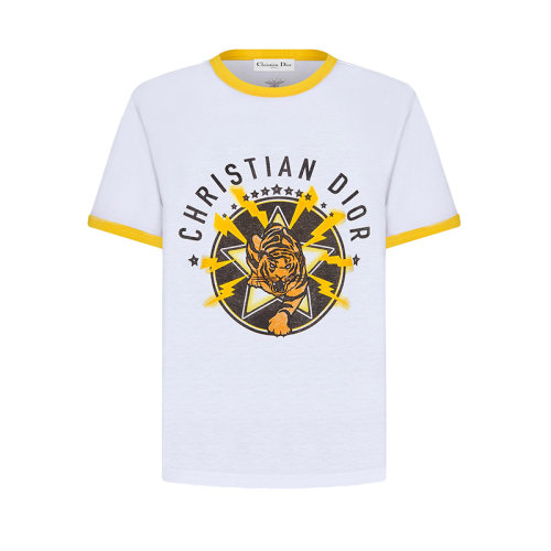 DIOR/迪奧 22年秋冬新款 VIBE系列 女士白色純棉平紋針織面料黃色老虎圖案短袖T恤243T12A4460_X0842