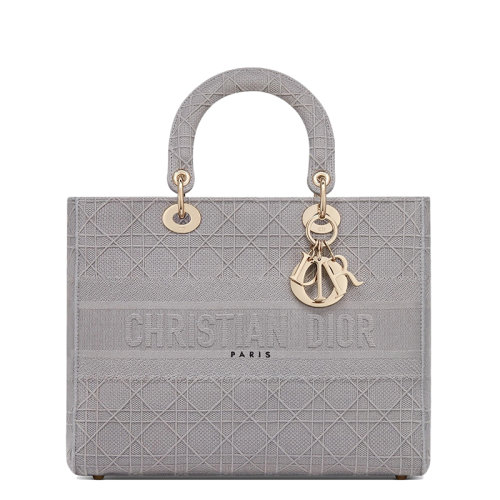 DIOR/迪奧 LADY D-LITE系列 女士大號灰色Cannage刺繡單肩戴妃手提包M0566OREY_M950