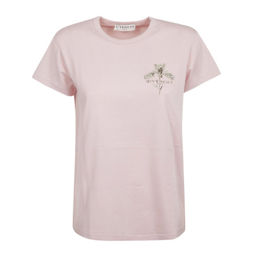Givenchy/紀(jì)梵希 女士粉色棉質(zhì)經(jīng)典字母徽標(biāo)印花裝飾圓領(lǐng)短袖上衣T恤 BW707Y3Z3Y-681