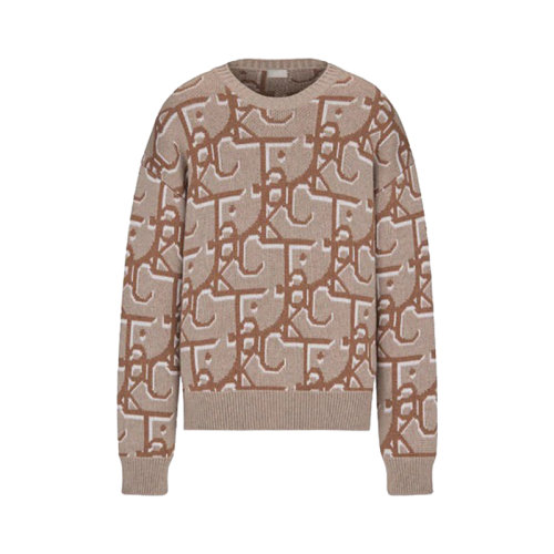 DIOR/迪奧 22年秋冬新款 CACTUS JACK DIOR系列 男士超大版型米色/棕色山羊絨飾Oblique印花羅紋圓領(lǐng)長(zhǎng)袖針織衫283M663AT358_C180