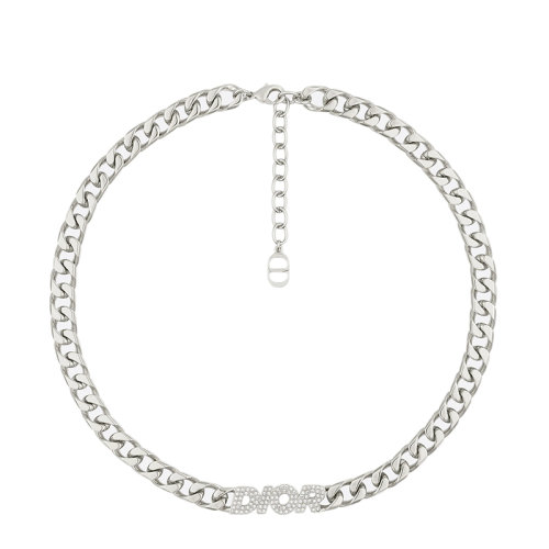 DIOR/迪奧  鍍銀黃銅DIOR字母鑲嵌白色晶體鏈環(huán)項(xiàng)鏈N1507HOMMT_D001
