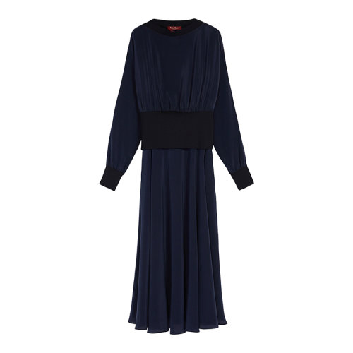 MaxMara/麥絲瑪拉 22年早春新款 AMADEUS系列 女士深藍(lán)色純真絲雙縐連衣裙6221052706007