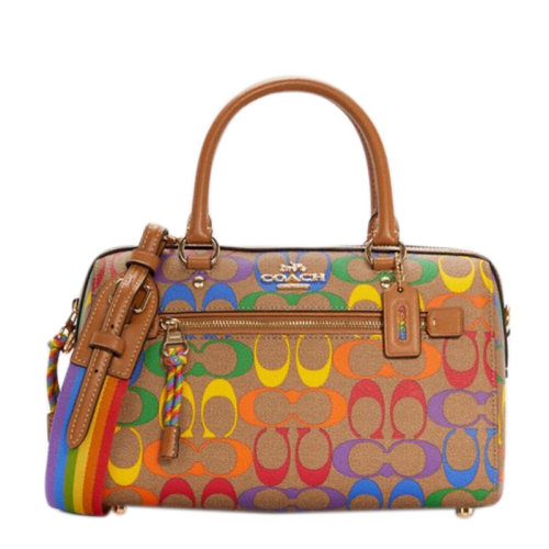 COACH/蔻馳 女士卡其色PVC配皮經(jīng)典雙C彩虹字母徽標(biāo)印花裝飾拉鏈開合單肩包手提包波士頓包桶包女包 C4396IMMU4
