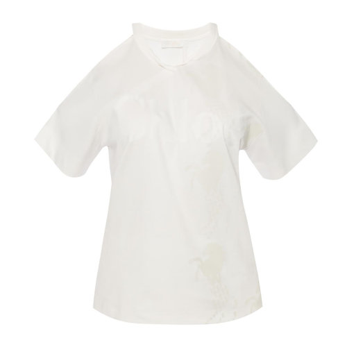 Chloe/克洛伊  女士白色棉質(zhì)露肩印花短袖T恤