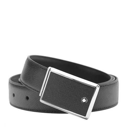 MontBlanc/萬(wàn)寶龍 男士矩形邊框十字紋印花黑色皮革板式帶扣腰帶皮帶 可裁剪 114421
