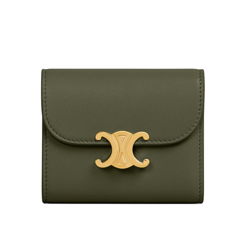 CELINE/賽琳 22新款TRIOMPHE系列 女士小號(hào)卡其綠牛皮革凱旋金扣三折錢(qián)包10D783DPV.15KH