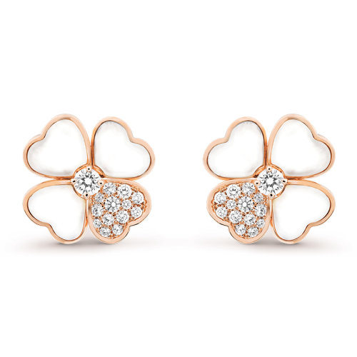 Van Cleef & Arpels/梵克雅寶 經(jīng)典Cosmos系列 18k金玫瑰金白色珍珠母貝鑲嵌鉆石四葉草中號耳環(huán)VCARO5BZ00