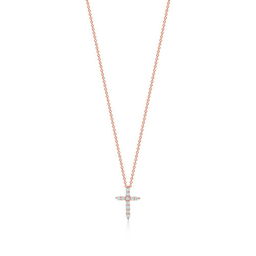 Tiffany & Co./蒂芙尼  19冬季新款女士18K金玫瑰金鑲嵌鉆石十字吊墜項(xiàng)鏈 67124758