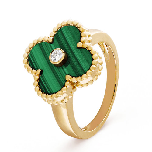 Van Cleef & Arpels/梵克雅寶 經(jīng)典Vintage Alhambra系列 18K金黃金鑲嵌孔雀石獨(dú)鉆戒指  VCARO3QM00