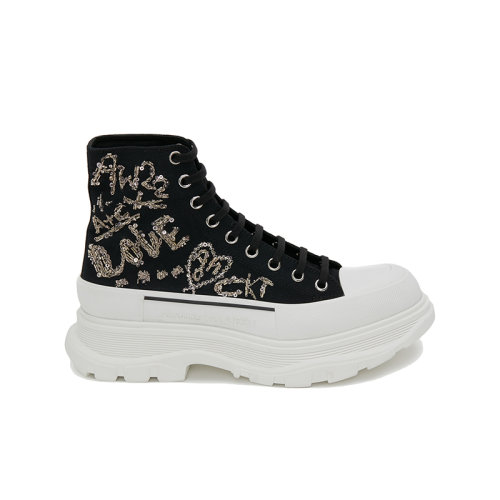 Alexander McQueen/亞歷山大麥昆 22年秋冬新款 Tread Slick系列 男士黑色/銀色棉質(zhì)飾Tree Graffiti刺繡高幫闊型運(yùn)動(dòng)鞋711110W4TGC1320