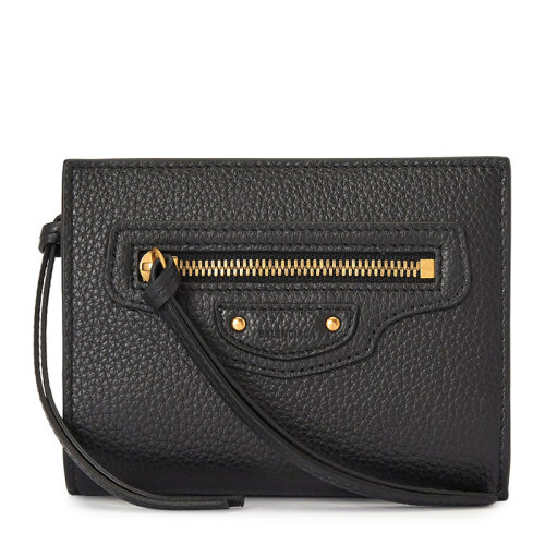 Balenciaga/巴黎世家 女士黑色小牛皮經(jīng)典字母徽標(biāo)壓花拉鏈按扣開合短款雙折錢夾錢包卡包女包 650846-15Y0I-1000