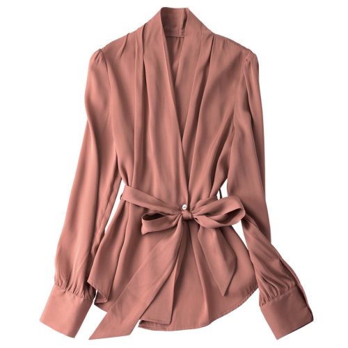 GeleiStory/GeleiStory 春秋裝新款重磅桑蠶絲襯衫女港味系帶法式真絲襯衣氣質(zhì)V領(lǐng)上衣 女士長(zhǎng)袖襯衫