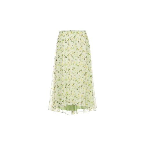 HUI/卉 女士半身裙20秋季新品竹青色真絲印花半裙腰間打褶設(shè)計