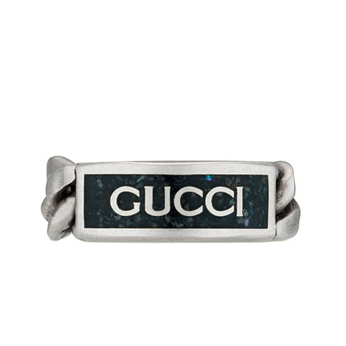 GUCCI/古馳 22新款 男女同款做舊款925純銀馬銜索鏈飾黑色琺瑯Gucci標(biāo)識戒指678711J84101064
