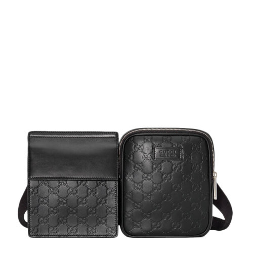 GUCCI/古馳 Signature系列男士黑色牛皮雙包GG印花拉鏈翻蓋開合腰包胸包男包 495450-DMTBN-1000