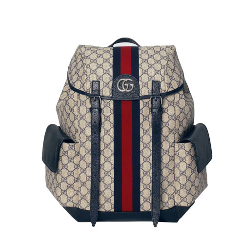 GUCCI/古馳 22春夏新款Ophidia系列 男士中號(hào)藍(lán)色/米色老花帆布拼接藍(lán)色皮革紅藍(lán)織帶雙肩背包 598140HUHAN4079