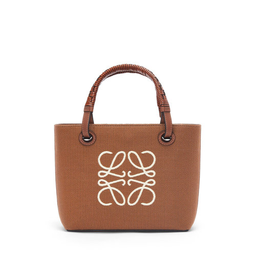 LOEWE/羅意威 22年新款 女士棕褐色帆布小牛皮提花飾徽標(biāo)刺繡藤條手提袋肩背手提托特包A717S74X01-2713