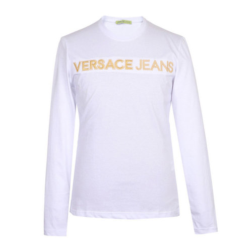 VERSACE JEANS/范思哲牛仔 男士白色棉質(zhì)經(jīng)典字母徽標(biāo)印花裝飾圓領(lǐng)長(zhǎng)袖上衣T恤 B3GSA76E-30134-003