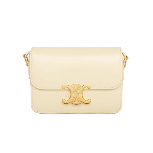 CELINE/賽琳 23春夏新款 女士淡黃色小牛皮翻蓋開合金色金屬標(biāo)志調(diào)節(jié)肩帶單肩斜挎包188423BF4.11OY