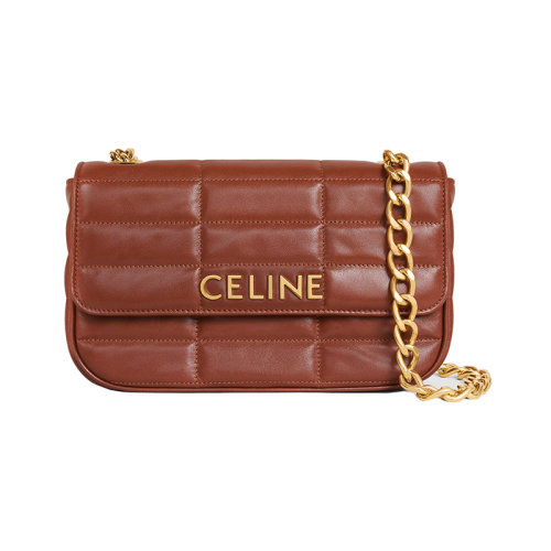 CELINE/賽琳 22新款 MONOCHROME系列 女士黃褐色絎縫羊皮革翻蓋開合金色鏈條肩背包111273EPZ.04LU