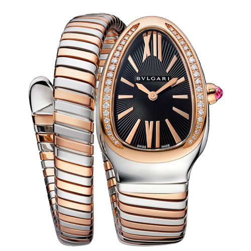 BVLGARI/寶格麗 精鋼表殼 18K金玫瑰金表圈和精鋼單螺旋表鏈 鑲嵌明亮式切割鉆石 黑色乳白色表盤 SERPENTI TUBOGAS石英手表 35毫米102098