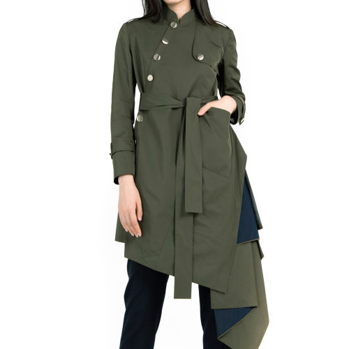 bifubyxingchen/彼伏軍綠色旗袍領(lǐng)不對稱女士風衣