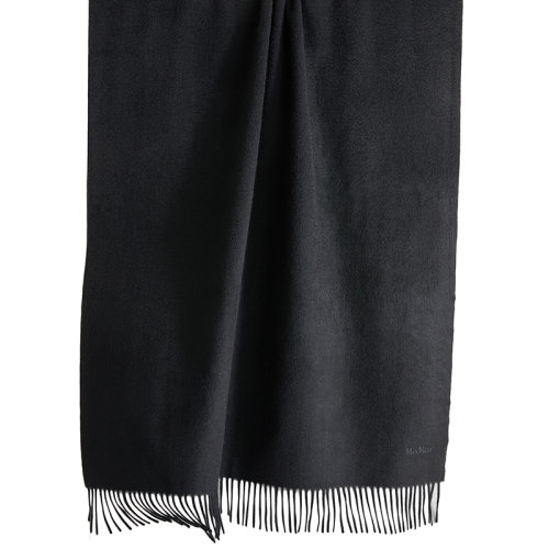 MaxMara/麥絲瑪拉新款 BACI系列 女士黑色水波紋羊絨流蘇圍巾1546012906006