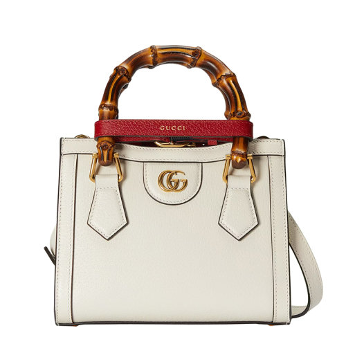 GUCCI/古馳 22春夏新款Diana系列 女士迷你白色皮革竹節(jié)紅飾帶金扣黃綠肩帶手提單肩托特包702732U3ZDT9196