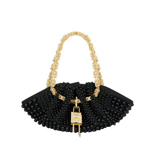 Givenchy/紀(jì)梵希 22新款 Kenny系列 女士黑色真絲通體珠繡磁性開(kāi)合拆卸掛鎖立方體鏈提手金色飾面金屬手提包BB50NTB1L9-001