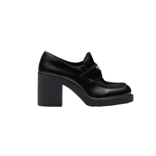 PRADA/普拉達(dá) 22年新款 女士黑色皮革飾有金屬三角標(biāo)志橡膠鞋底高跟樂福鞋1D246M_055_F0002_F_085