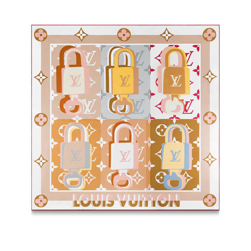 Louis Vuitton/路易威登 22年秋冬新款 LV UNLOCKED 90系列 女士米色桑蠶絲標(biāo)志性?huà)戽i圖案方巾絲巾M77657