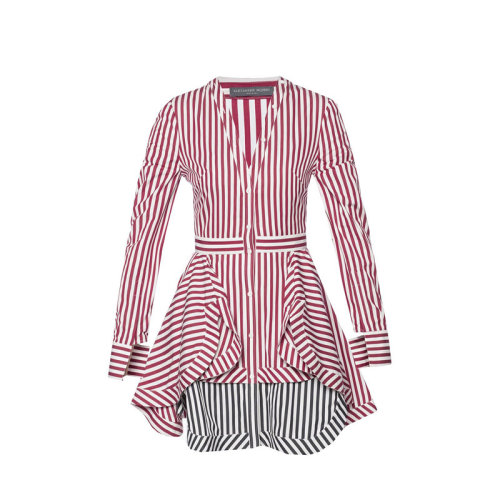 Alexander McQueen/亞歷山大麥昆 紅白條紋 V領(lǐng) 女士紅色棉質(zhì)連衣裙 540857 QLA10 5560