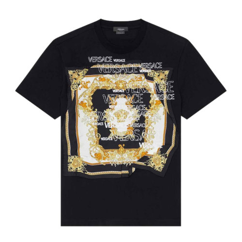 VERSACE/范思哲 男士黑色棉質(zhì)經(jīng)典字母徽標(biāo)印花裝飾圓領(lǐng)短袖上衣T恤 1000851-1A00661-2B130