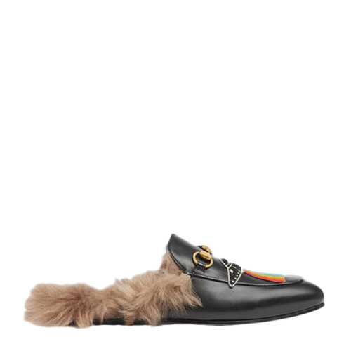 GUCCI 古馳 男士牛皮刺繡貼花毛絨拖鞋樂福鞋 英碼9