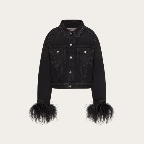  VALENTINO華倫天奴 22年秋冬 女士 夾克 VESTE BRODéE EN DENIM ORNéE DE PLUMES 1B3DC02T79