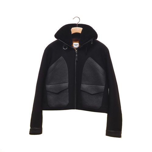 HERMES/愛(ài)馬仕 22年秋冬新款 女士黑色羊毛混紡飾可拆卸羊皮立領(lǐng)拉鏈開合飛行員大衣夾克H2H0209DP0234