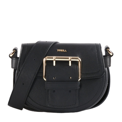 FURLA/芙拉 女士黑色牛皮單肩包斜挎包馬鞍包女包