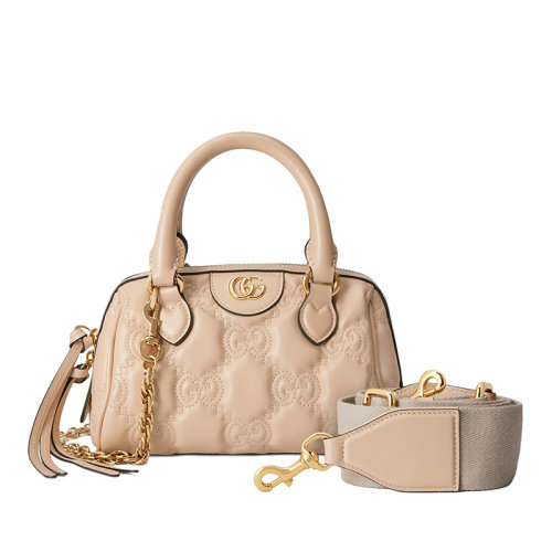 GUCCI/古馳 22新款 女士米色GG壓紋絎縫皮革金色雙G標志拉鏈開合單肩手提包?702251UM8HG9500