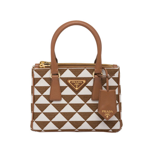 PRADA/普拉達(dá) 22新款 Galleria系列 女士煙草/白色拼色刺繡面料配皮手柄拆卸鑰匙圈拉鏈開合金色徽標(biāo)單肩手提斜挎包1BA906_2FKL_F0I0U_V_XOM