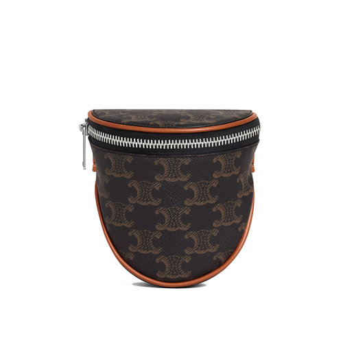 CELINE/賽琳 22新款TRIOMPH系列 男士小號(hào)褐色帆布印花小牛皮飾邊拉鏈開(kāi)合配可調(diào)節(jié)抽繩肩背斜挎錢包10J642ECM.04LI