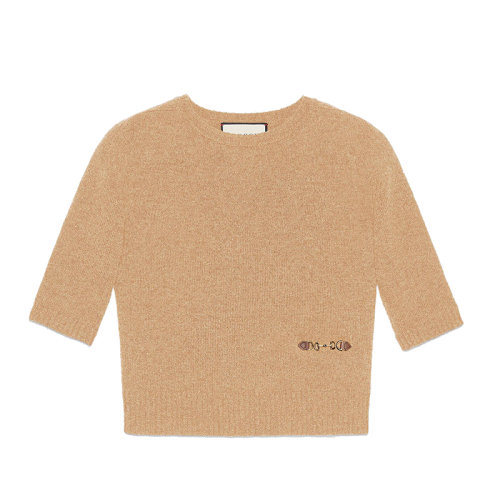 GUCCI/古馳 女士?米色馬銜扣羊絨圓領(lǐng)短袖上衣628389XKBH92184