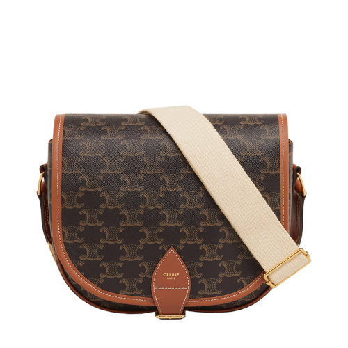 CELINE/賽琳  FOLCO系列 女士大號經典老花帆布棕褐色小牛皮飾邊帆布肩帶斜挎單肩包196932BZJ.04LU