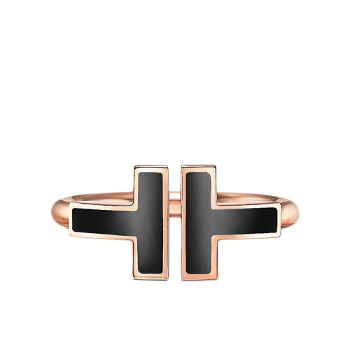 Tiffany & Co./蒂芙尼 經(jīng)典Tiffany T系列 18K金玫瑰金鑲嵌黑色縞瑪瑙T形圖案Wire戒指指環(huán)GRP11095