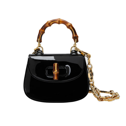 GUCCI/古馳 23春夏新款 Bamboo 1947系列 女士迷你黑色漆皮金色飾面竹節(jié)手柄帶水晶細(xì)節(jié)拆卸鏈?zhǔn)郊鐜渭缡痔岚?24641AABCE1091