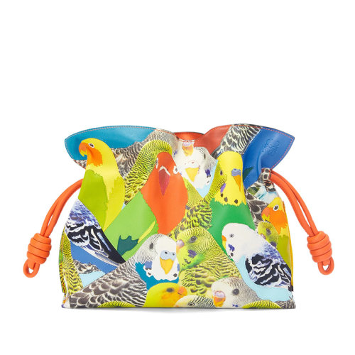  LOEWE/羅意威 22新款Flamenco系列 女士橙色彩色鸚鵡印花納帕小牛皮抽繩拉緊單肩斜挎手拿包A411FC1X59-9100