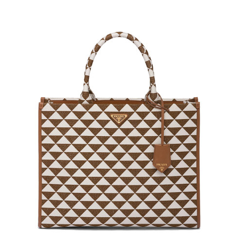 PRADA/普拉達(dá) 22新款Symbole系列 女士大號(hào)煙草色/粉霧白三角雙色拼接效果織物配皮徽標(biāo)金扣飾可拆卸吊飾單肩手提包1BA356_2FKL_F0I0U_V_OOO