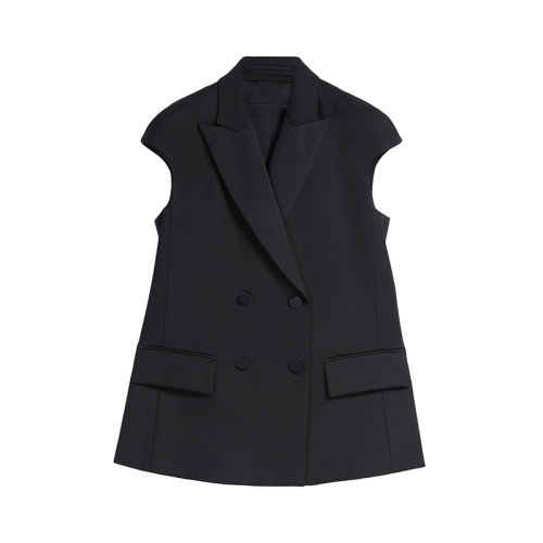 MaxMara/麥絲瑪拉 22年早春新款 TRONTO系列 女士黑色棉質(zhì)混紡彈力縐紗無袖燕尾服西裝外套夾克1041022706003