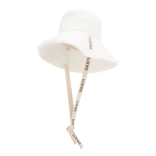 LOEWE/羅意威 22年春夏新款 女士綿白色單寧布和牛皮革Logo印花綁帶毛邊漁夫帽K820HF1X25-1950