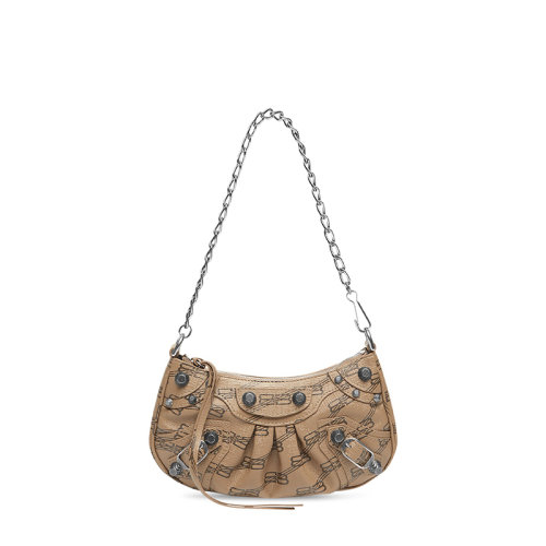 Balenciaga/巴黎世家 22新款LE CAGOLE系列 女士迷你米色/棕色褶皺效果帆布飾銀色掛鉤拉鏈開合單肩手提鏈條半月包695814210E72762