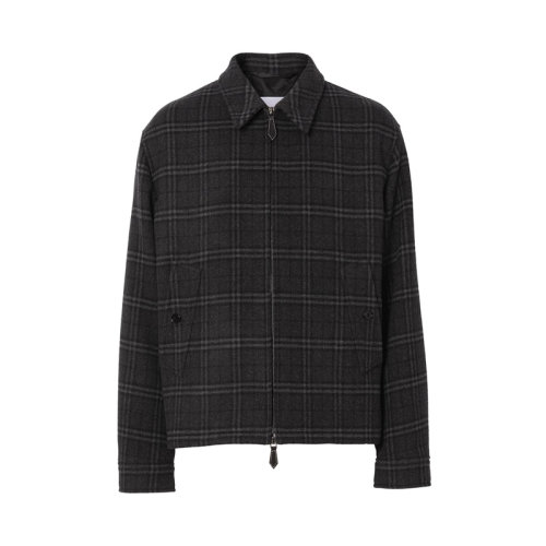 BURBERRY/博柏利 男士黑色羊毛混紡羊絨格紋裝飾外套夾克 8041385